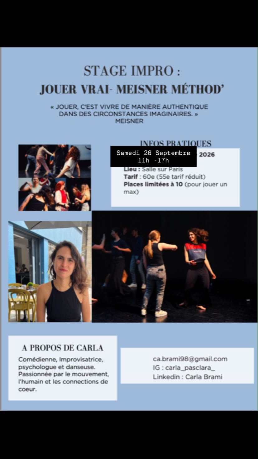 Affiche de Stage impro jouer vrai meisner à Paris