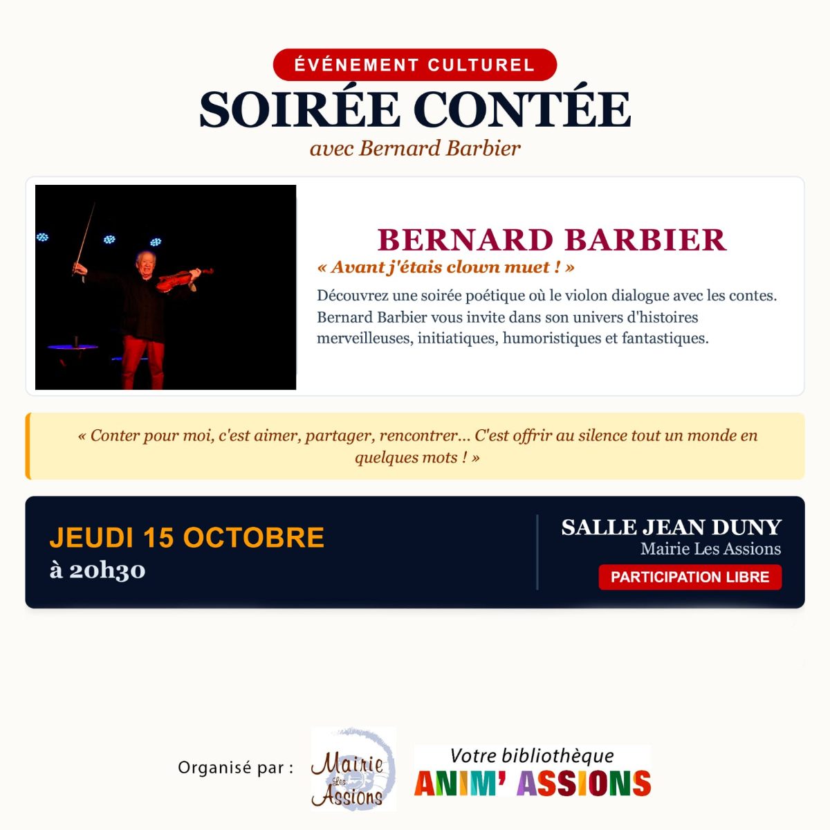 Affiche de Soirée contée avec bernard à Les Assions